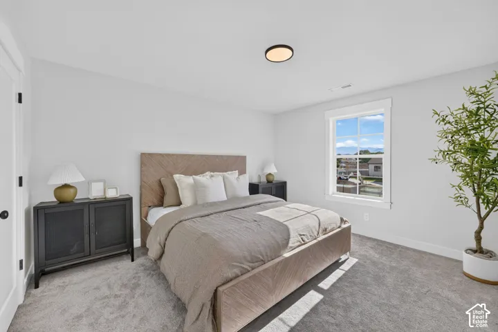Bright bedroom featuring light gray walls, a contemporary flush-mount ceiling light, and gray carpeting