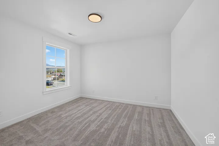 Spacious room featuring neutral carpeting, white walls, a white-trimmed window, a flush-mount ceiling light, and white baseboards