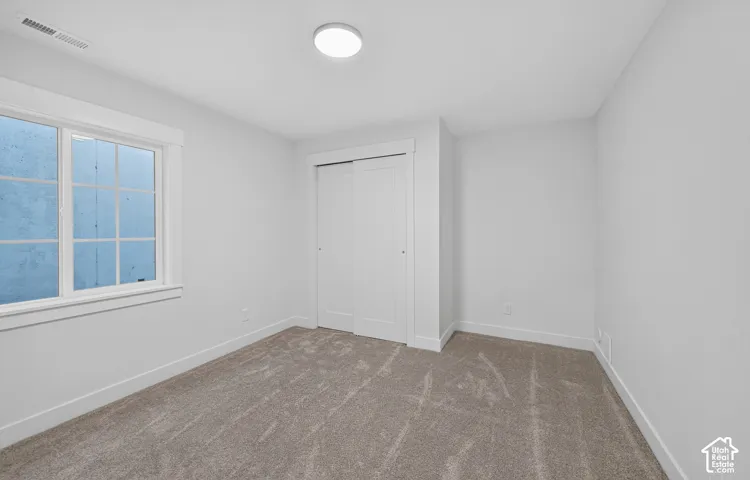 Carpeted interior room featuring a double-pane window, white trim, sliding closet doors, and a ceiling-mounted light fixture