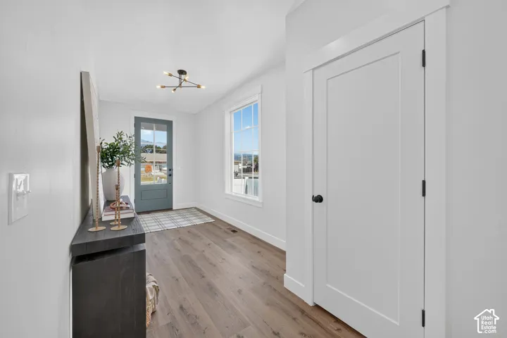 Entryway featuring wood-finish flooring, a contemporary overhead light fixture, and a glass-paneled entry door