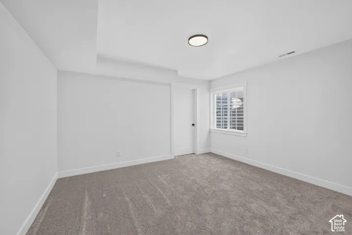 Carpeted room featuring a white door with dark hardware, a window with white louvered blinds, and a ceiling-mounted light fixture