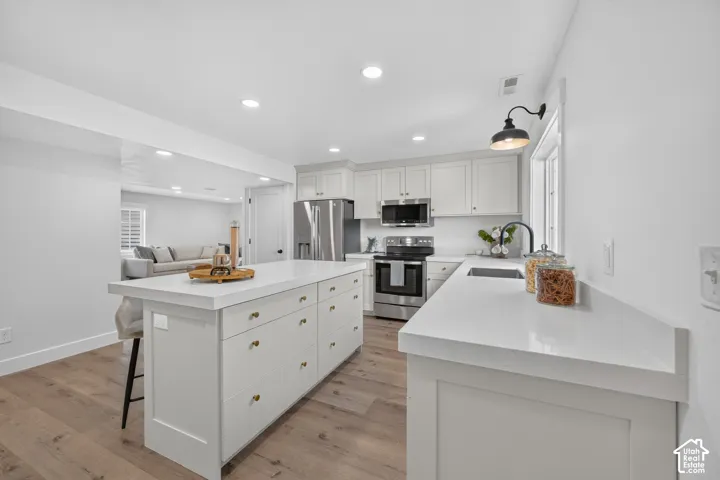 Kitchen featuring a central island with storage, white cabinetry, integrated stainless steel appliances, white countertops, and wood-finish flooring