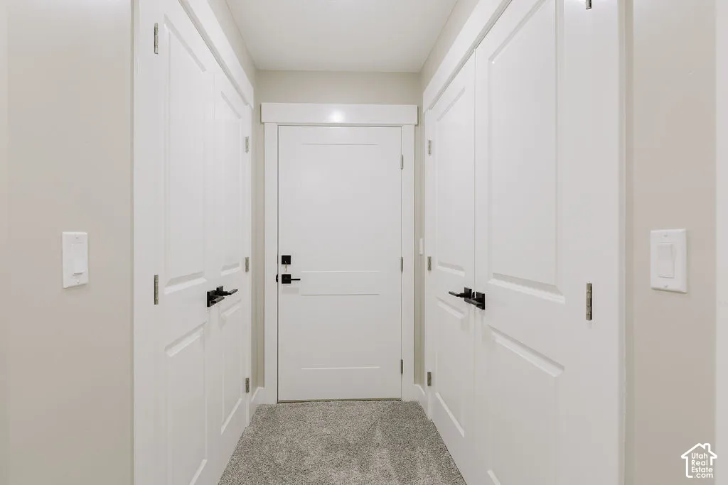 Hallway featuring a neutral color palette, paneled doors with dark hardware, and light carpet flooring