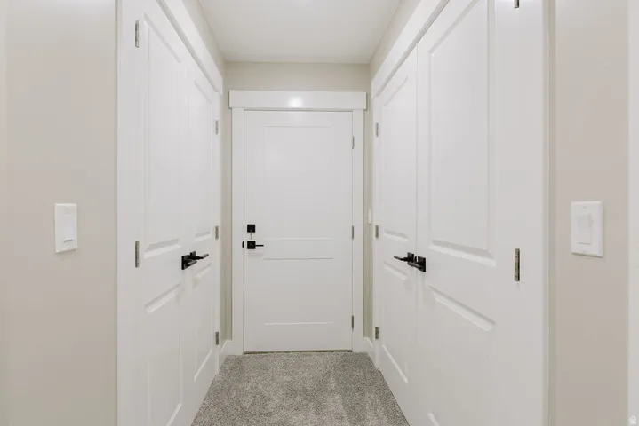 Hallway featuring a neutral color palette, paneled doors with dark hardware, and light carpet flooring
