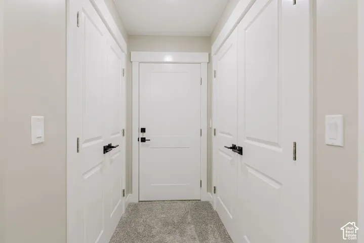 Hallway featuring a neutral color palette, paneled doors with dark hardware, and light carpet flooring