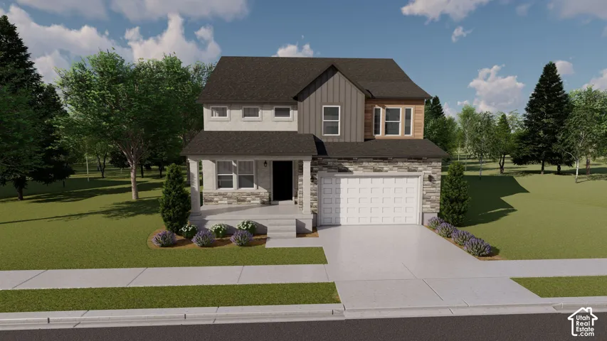 Contemporary two-story residence featuring a two-car garage, stone and siding exterior accents, a covered front porch, and a landscaped front yard with shrubs