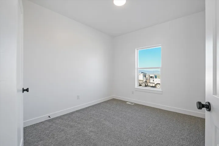 Bright room featuring textured gray carpeting, crisp white walls, a single window, and a modern black door handle