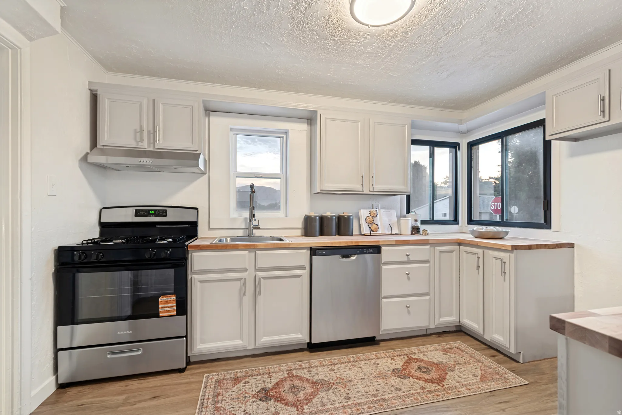 Kitchen with light-colored cabinetry, wood-finish countertops, and stainless steel appliances including a range and dishwasher