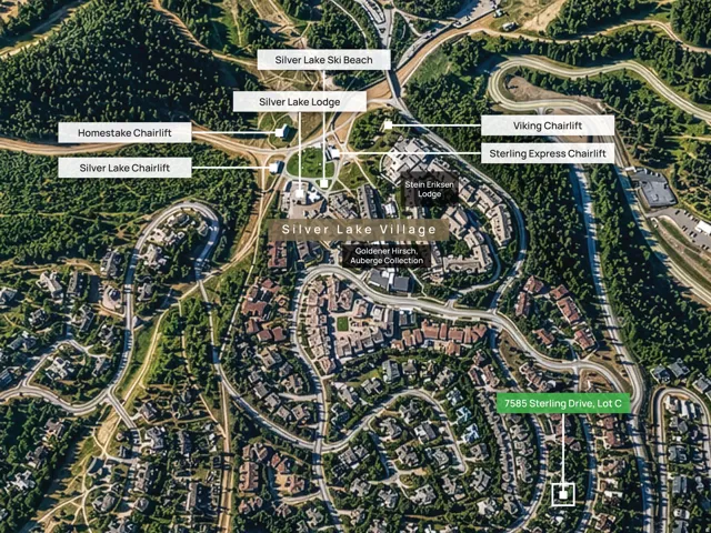 Aerial Map. Indicating the location of 7585 Sterling Drive, Lot C, in relation to Silver Lake Village and associated chairlifts