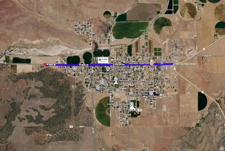 Satellite Map. Illustrating a designated route and surrounding geographic features