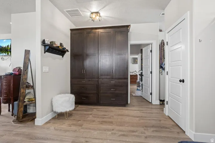 Built-in wood-finish cabinetry with dark hardware, plank flooring, white trim, recessed lighting, and modern interior doors