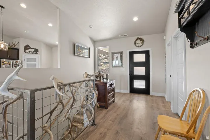 Hardwood-finish flooring extending through an entry hallway featuring a contemporary black door with frosted glass panels, recessed lighting, and a unique custom metal stair railing