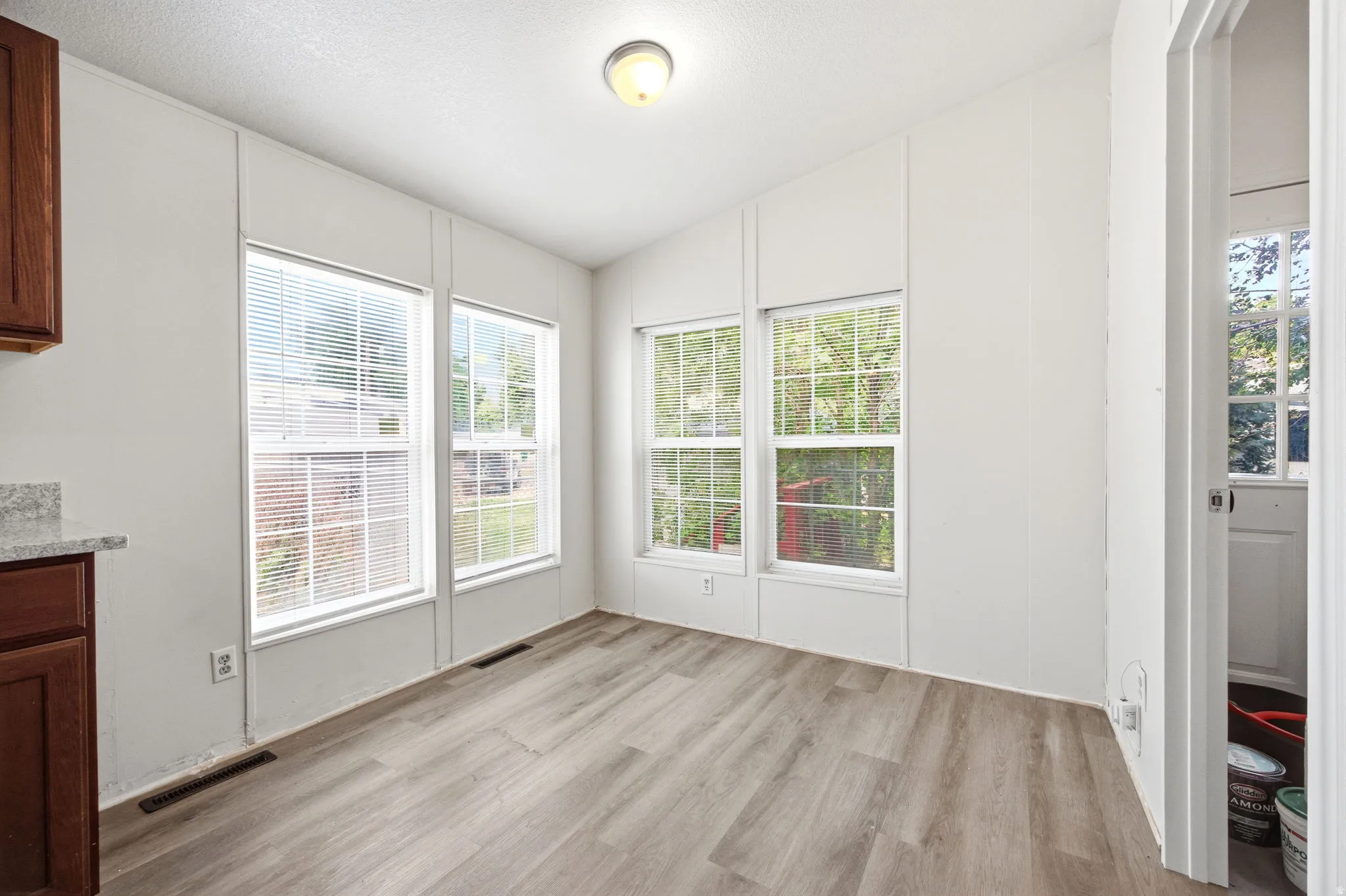 Bright interior space featuring multiple windows, light wood-finish flooring, white paneling, and a flush mount ceiling light