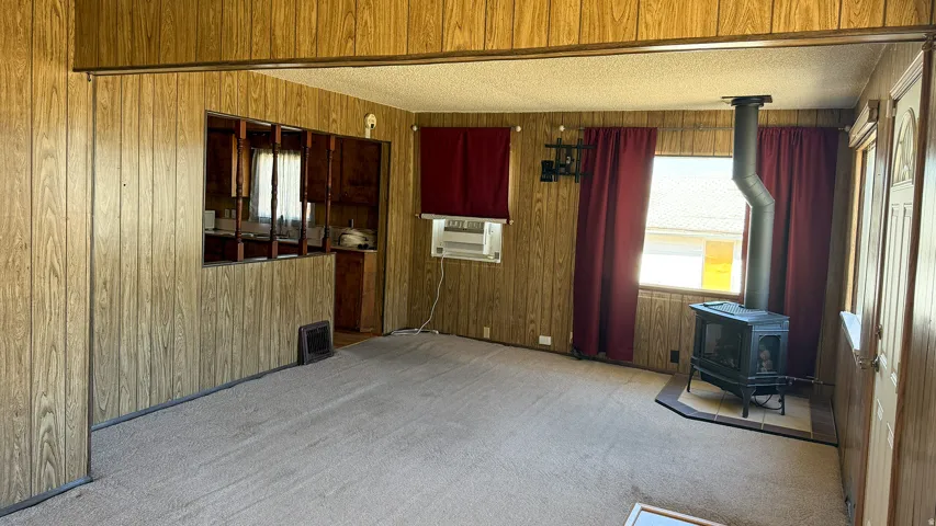 Living area featuring wood-panel walls, carpeted flooring, and a freestanding wood-burning stove with a tiled hearth