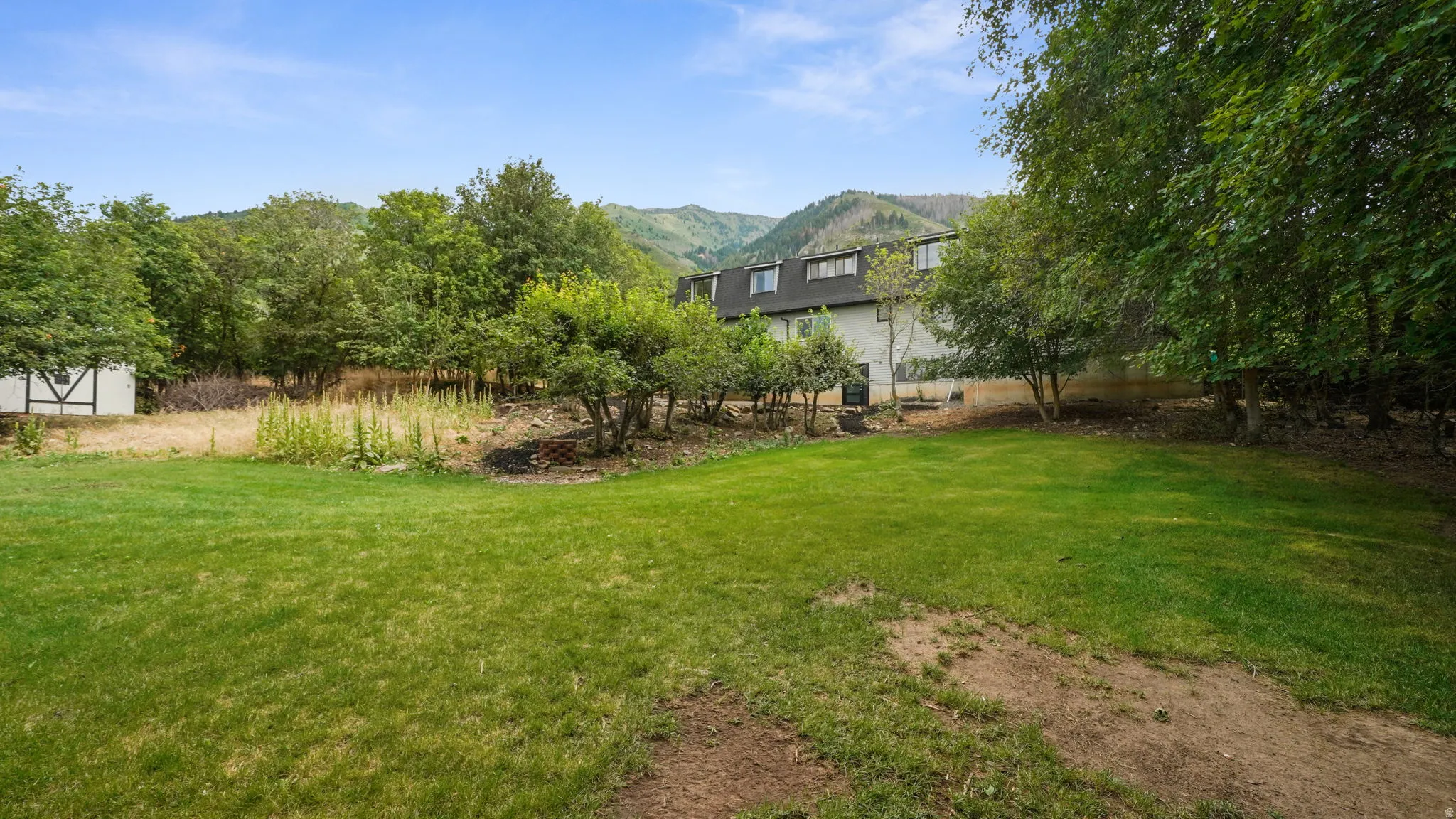 Expansive grassy yard area with surrounding mature trees and distant mountain scenery