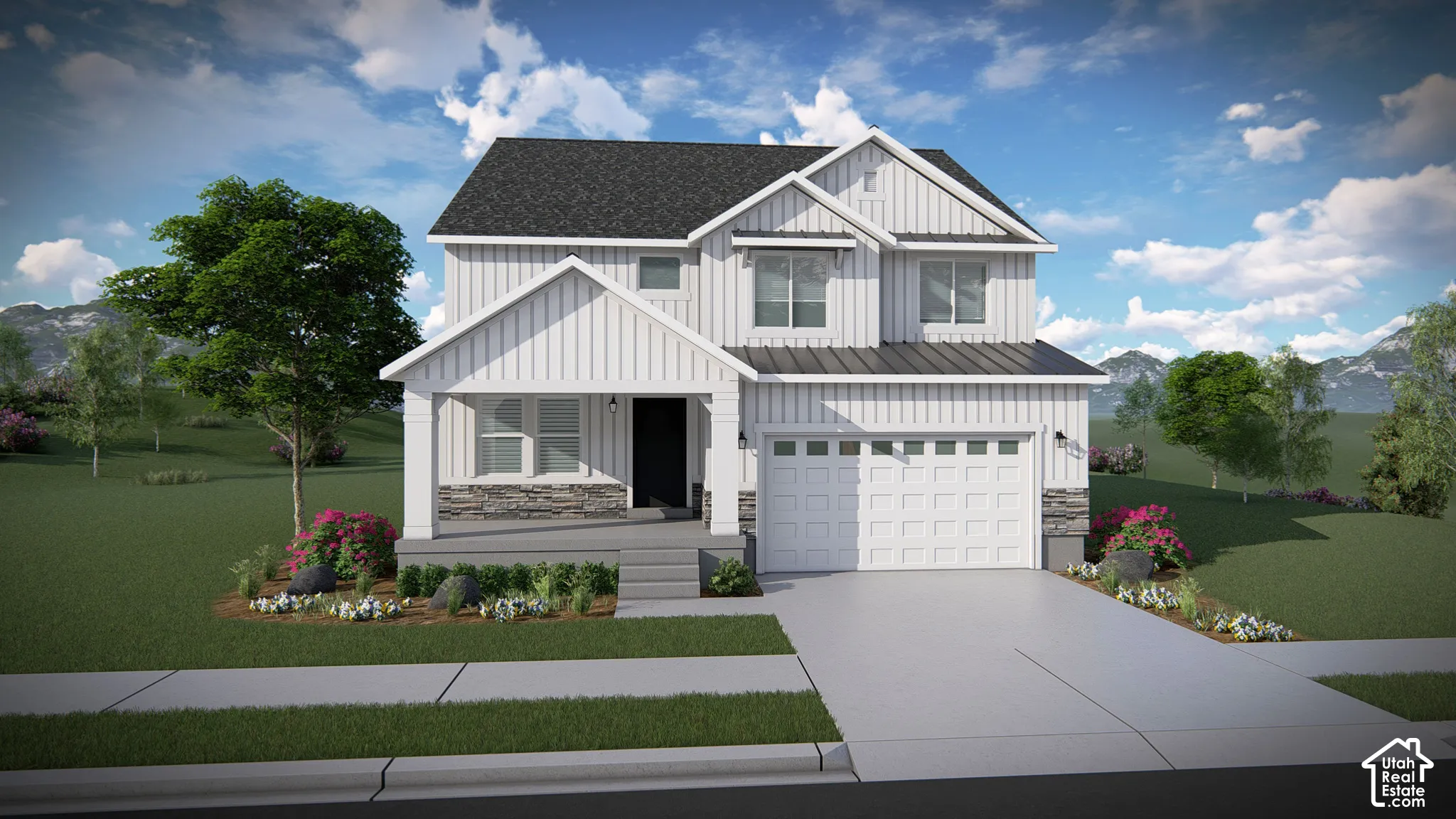 Two-story residence featuring white vertical siding, a dark shingled roof, and a two-car garage