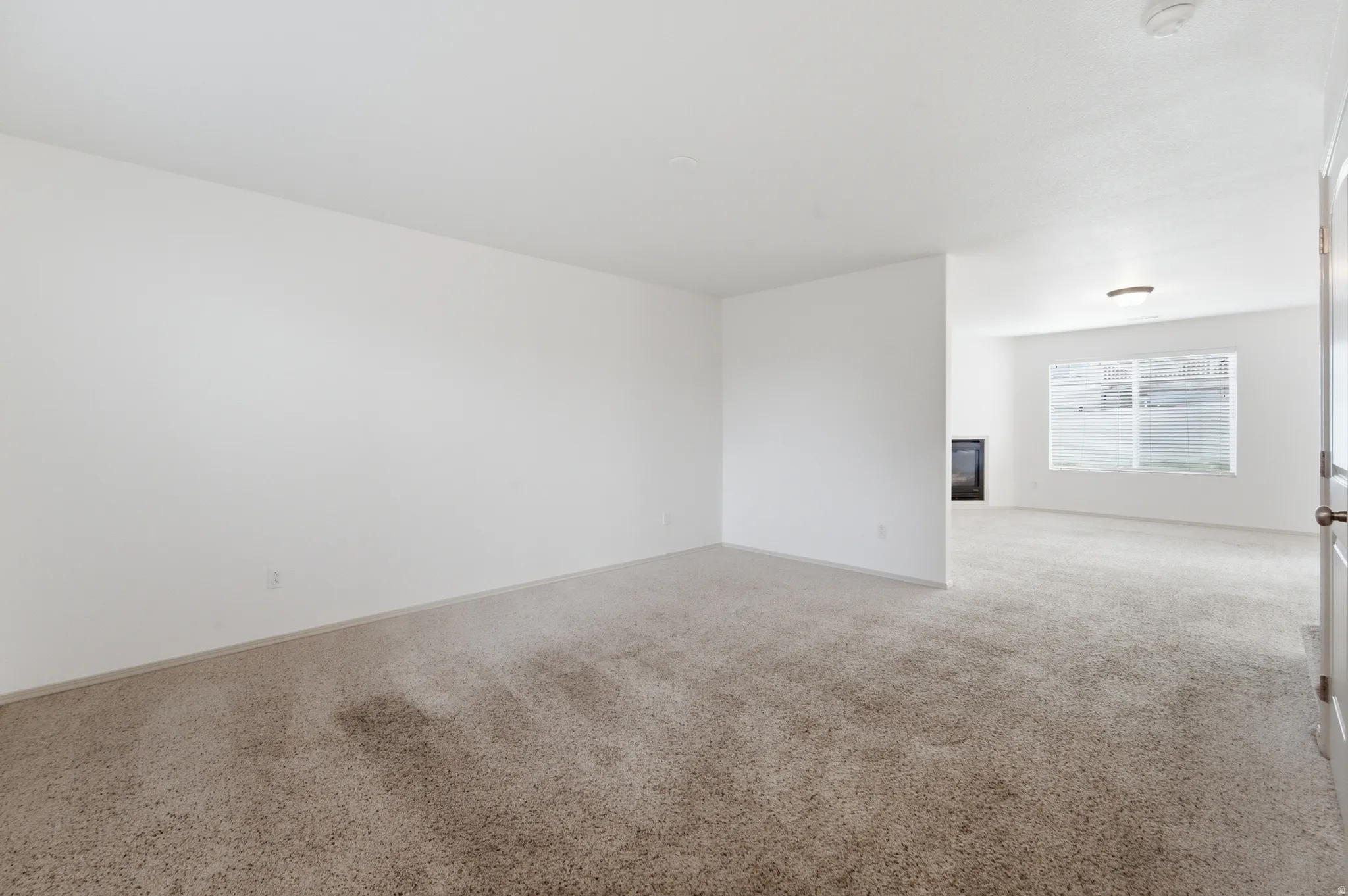 Expansive room with neutral carpeting, white walls, and a visible window, featuring a built-in fireplace and overhead lighting
