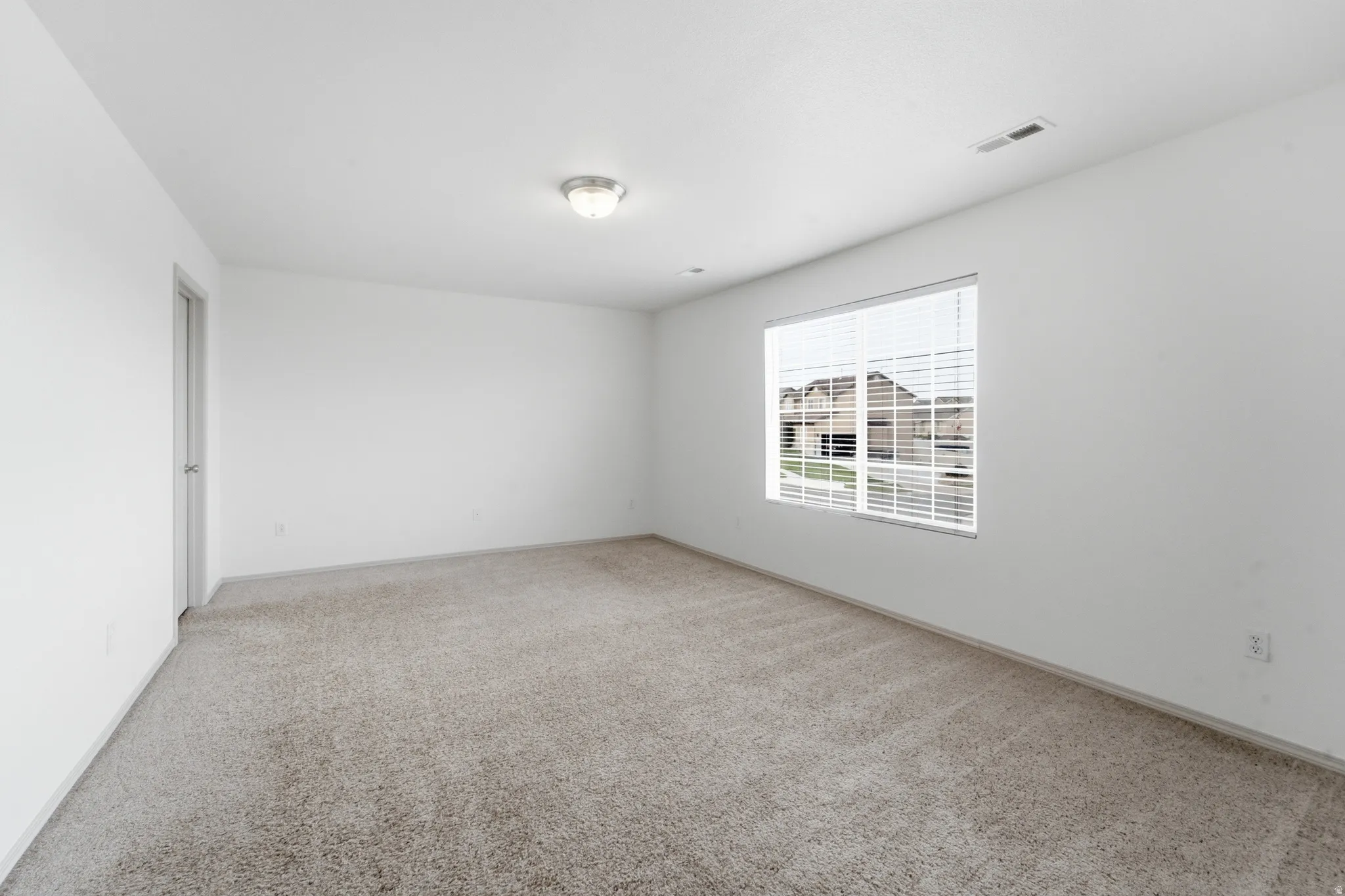 Neutral wall paint, carpeting, window with blinds, and a flush-mount ceiling light fixture