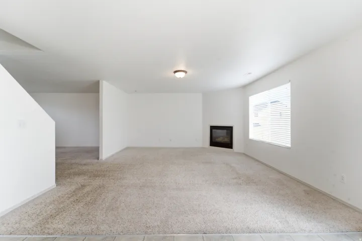 Spacious room with light-colored carpet, a corner fireplace, and a large window with horizontal blinds