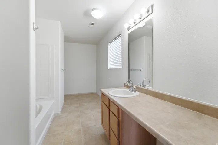 Full bathroom featuring a single vanity, integrated sink, and large mirror