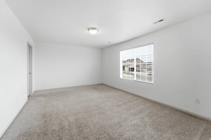 Neutral wall paint, carpeting, window with blinds, and a flush-mount ceiling light fixture
