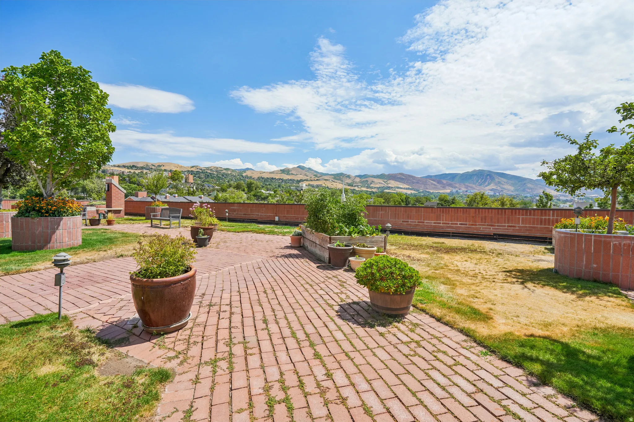 Outdoor brick paver patio with scattered planters, mature trees, and a mountain backdrop