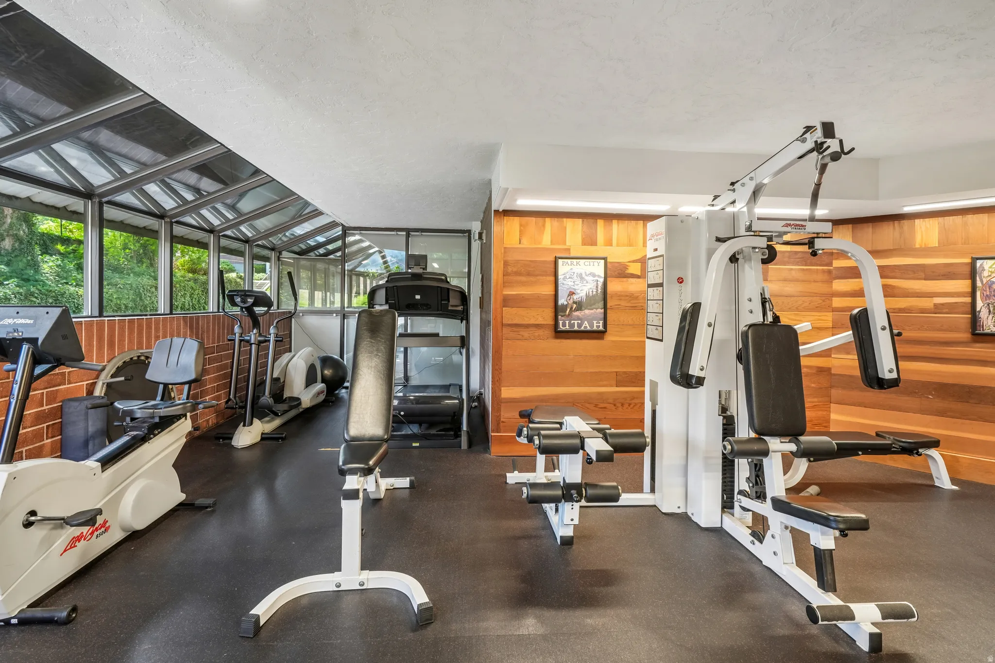 Dedicated fitness space featuring rubber flooring, wood paneling, a multi-station weight machine, and an enclosed sunroom area with brick accents