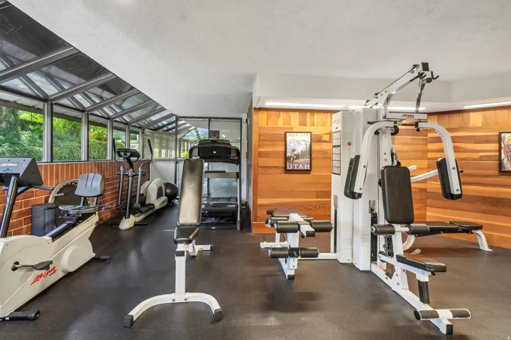 Dedicated fitness space featuring rubber flooring, wood paneling, a multi-station weight machine, and an enclosed sunroom area with brick accents