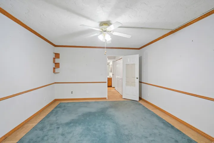 Room featuring a ceiling fan, crown molding, chair rail, built-in shelving, and a combination of carpet and wood-finish flooring