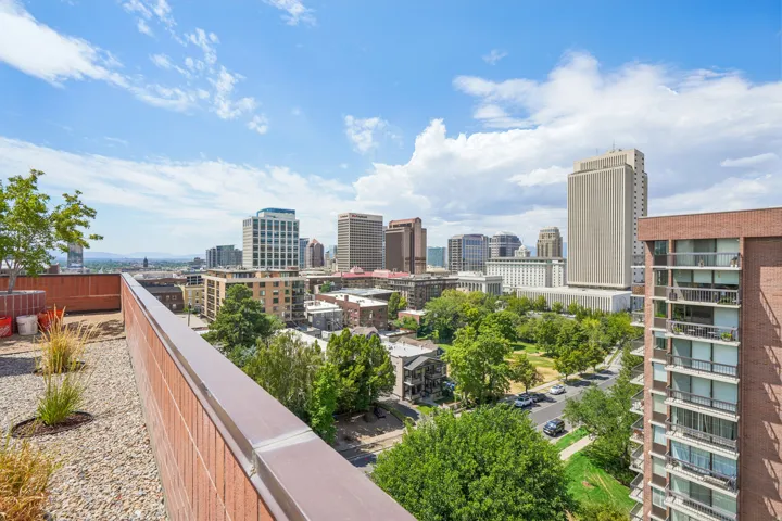Rooftop patio featuring a brick perimeter wall, gravel landscaping, and mature plantings