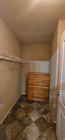 Walk-in closet featuring checkerboard tile flooring, a built-in wire shelf, and neutral wall paint