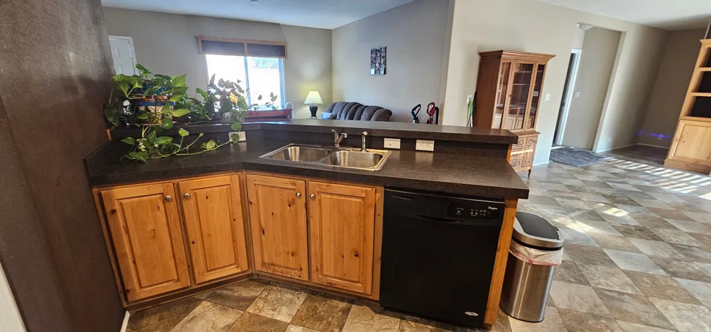 Kitchen area featuring a double basin stainless steel sink, black dishwasher, wood-finish cabinetry, and dark countertops