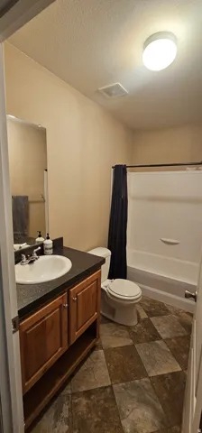 Bathroom featuring a vanity with a white basin sink and dark countertop
