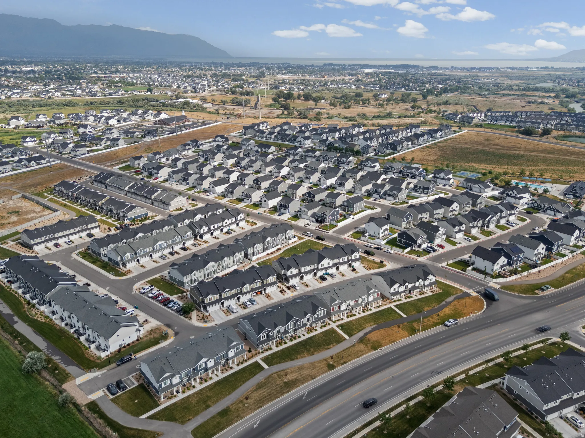 Aerial perspective showcasing a developed residential community with consistent architectural styles