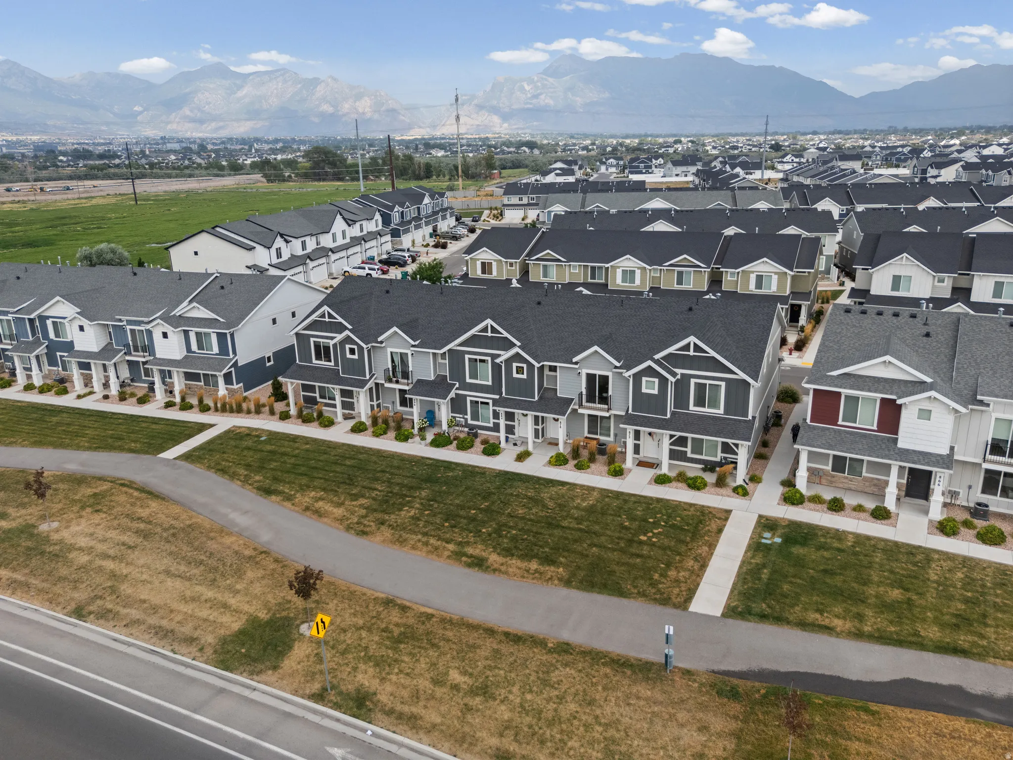 Community of townhomes with mountain backdrop
