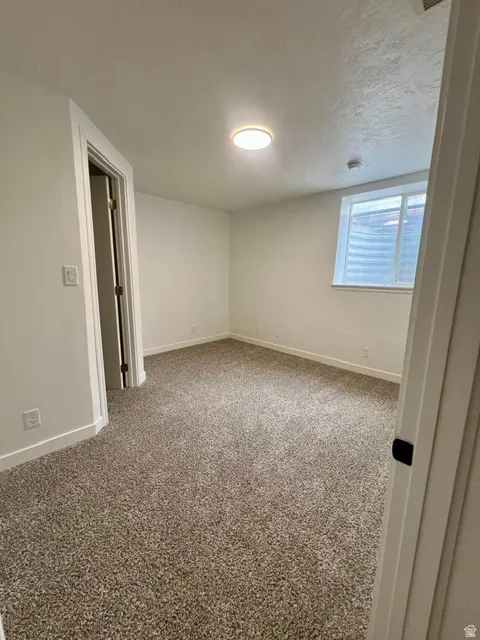 Room featuring textured neutral-toned carpeting, white walls, and bright white trim