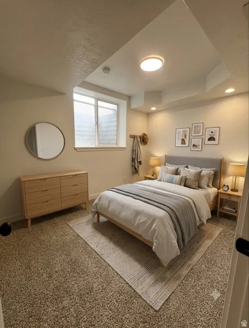 Staged carpeted room featuring a window, overhead lighting, recessed lighting, and a smoke detector