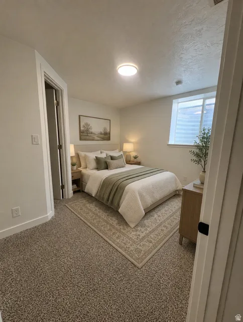 Staged carpeted bedroom with a window, white walls, and a flush-mount ceiling light