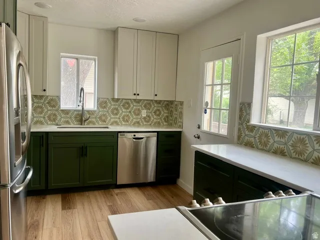 Kitchen featuring two-tone cabinetry with white upper and dark green lower cabinets, wood-finish flooring, a patterned tile backsplash, and stainless steel appliances