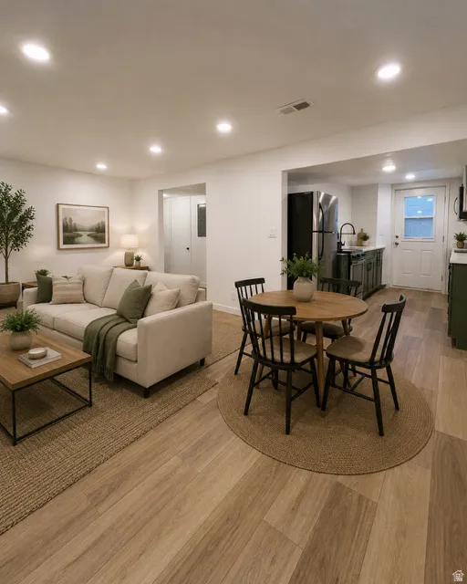 Staged open-concept living area with wood-finish flooring, recessed lighting, and a neutral color palette