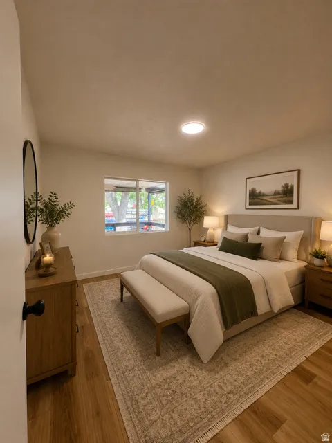 Staged Primary Bedroom featuring recessed ceiling lighting, wood-finish flooring, and a large window