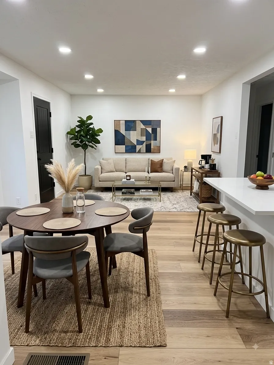 staged room Recessed lighting, wood-finish flooring, white walls, and a kitchen island with seating