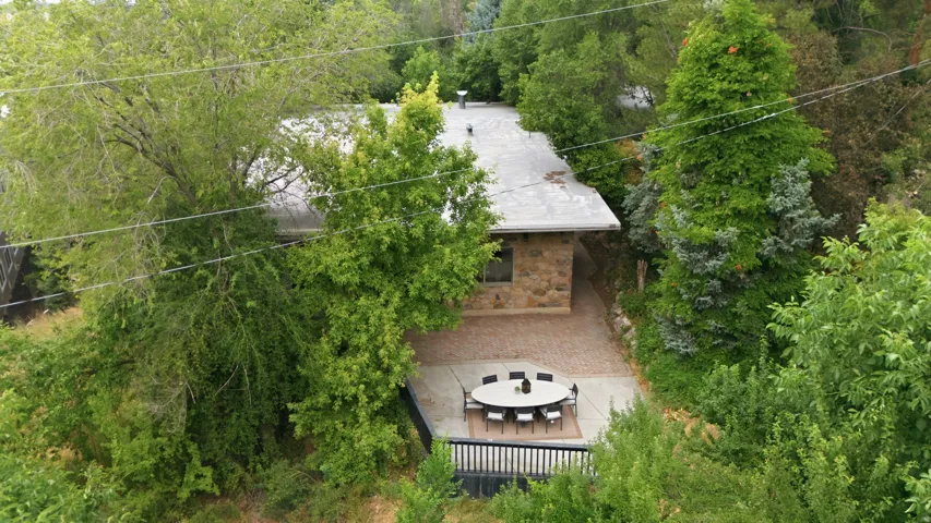 Stone-clad exterior home featuring a flat roofline, a paved patio area, and mature surrounding greenery