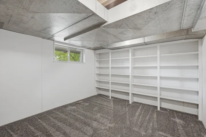 Large finished storage room featuring extensive built-in shelving, a window, carpet flooring, and white panel walls