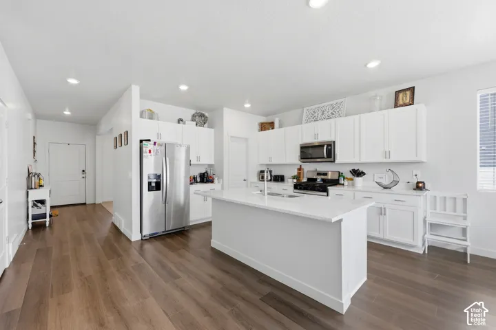 Contemporary kitchen featuring an island with an undermount sink, white cabinetry with brushed nickel hardware, stainless steel appliances, and wood-finish flooring