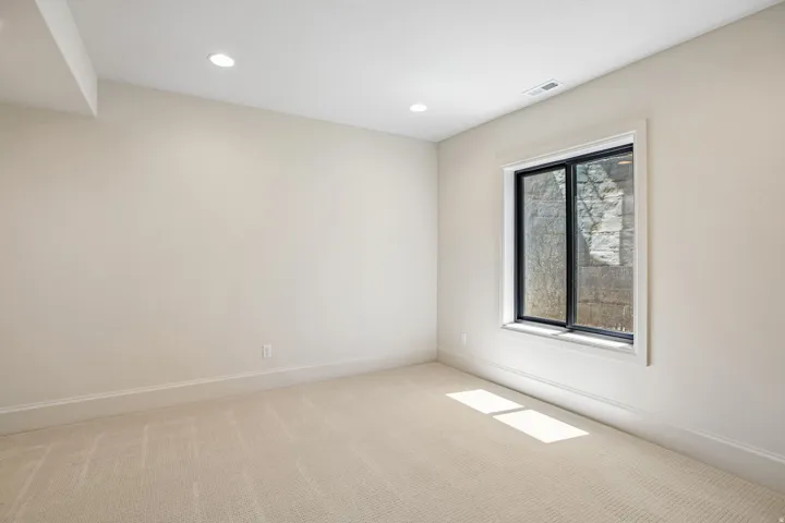 Bright room featuring a single black-framed window, recessed lighting, neutral-toned walls, and plush carpet flooring