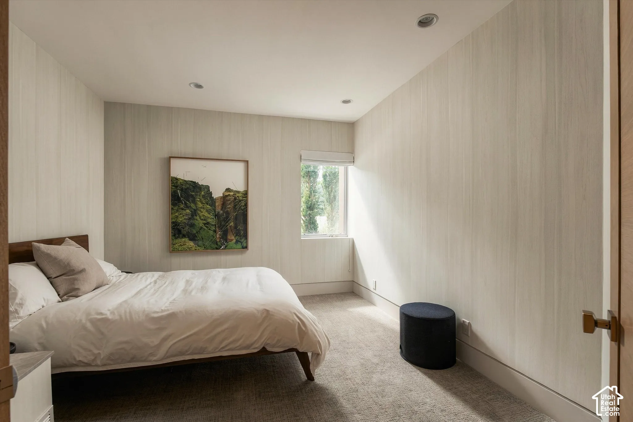 Recessed ceiling lighting, textured wall coverings, carpeted flooring, and a single window