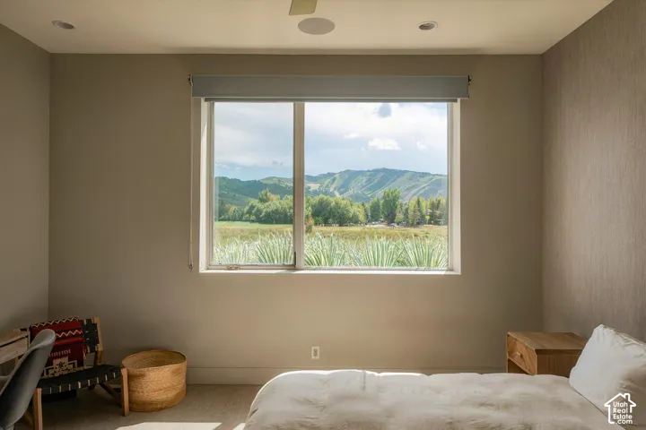 Large window with roller shade, recessed ceiling lighting, and a ceiling fan