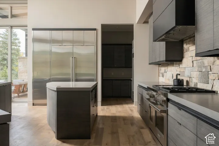 Gourmet kitchen with professional-grade stainless steel appliances, stone backsplash, and hardwood flooring