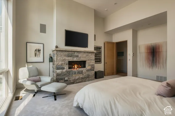 Stone-clad fireplace with an integrated linear firebox, natural wood door, and large windows